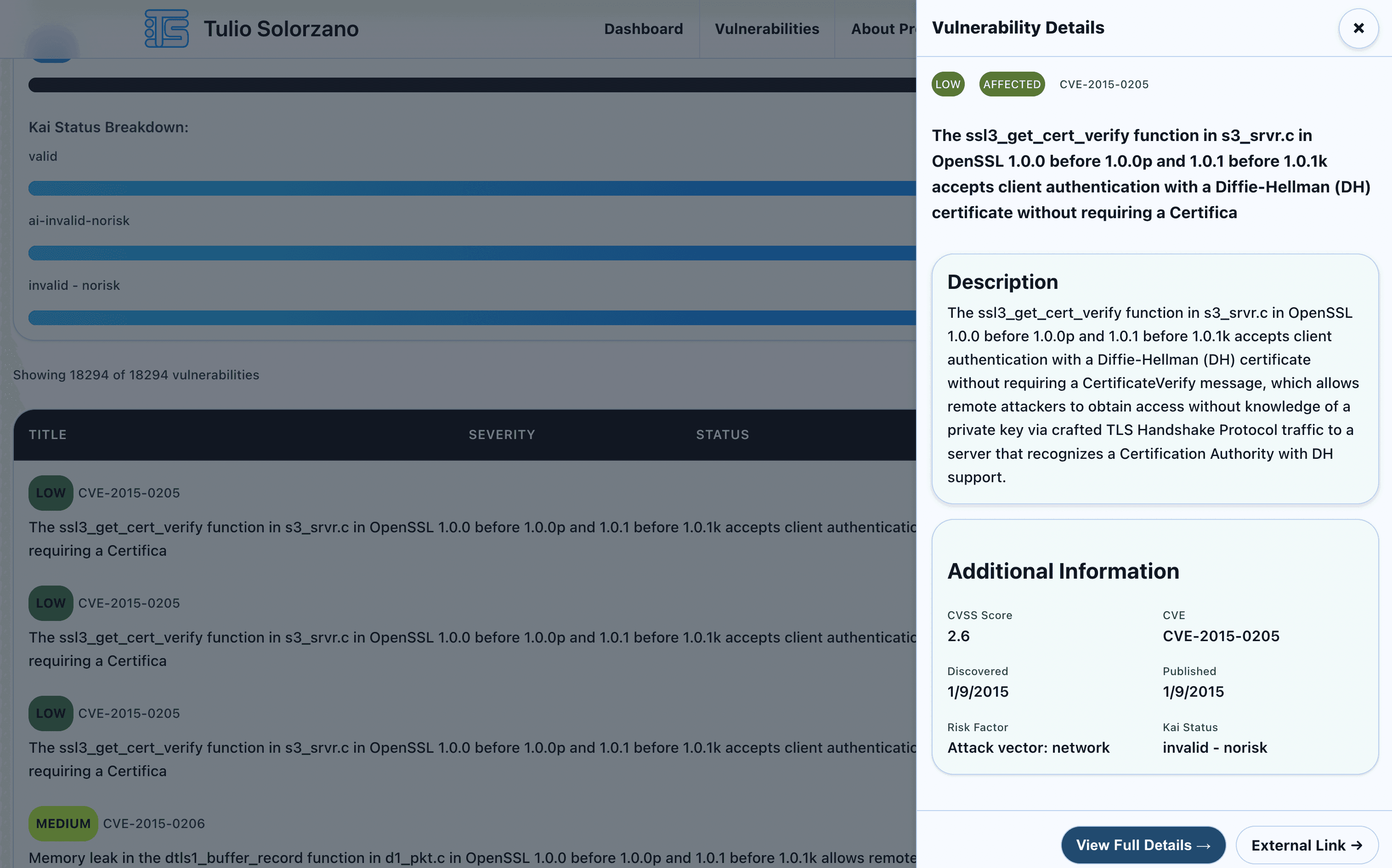 Cybersecurity Vulnerabilities Dashboard Detail Screenshot