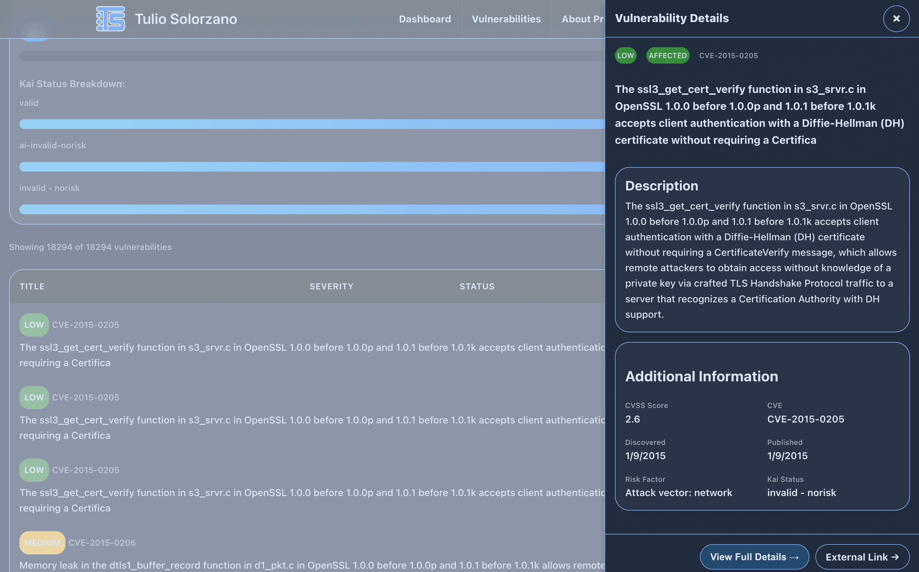 Cybersecurity Vulnerabilities Dashboard Detail Screenshot - Dark Mode